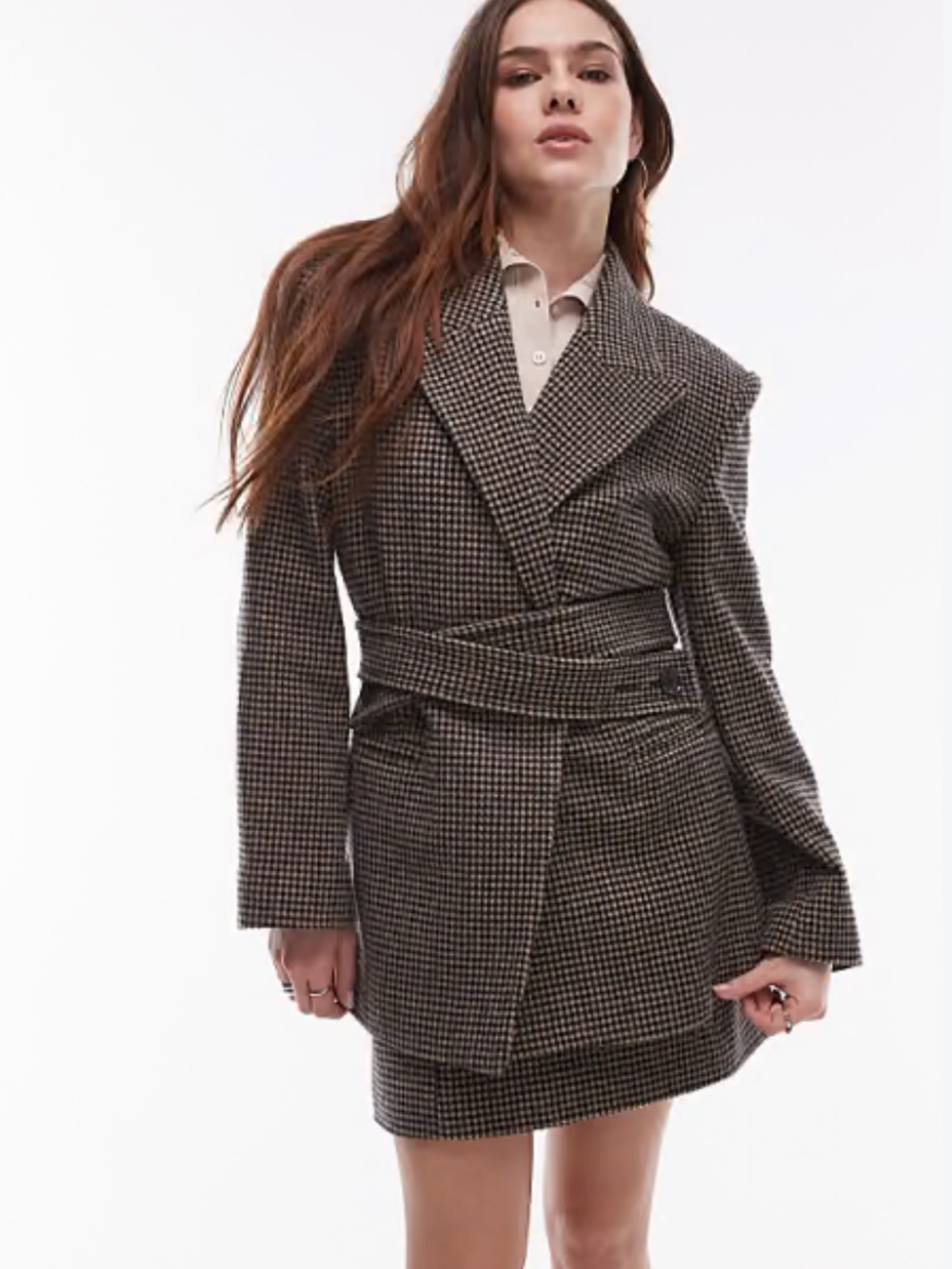 &other stories Belted wool Blazer brown dogtooth - Picture 14 of 16